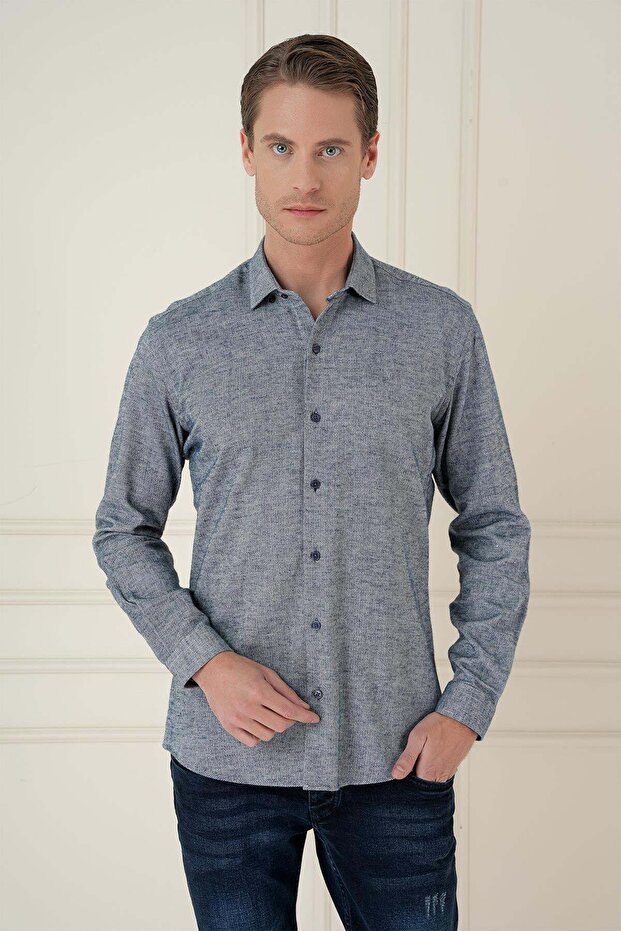 Men's Slim Fit Textured 100% Cotton Navy Blue Shirt g 1584