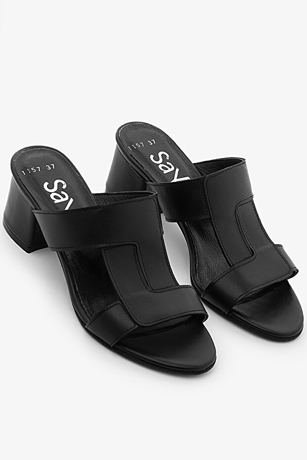 Black Genuine Leather Block Heeled Banded Women's Slippers