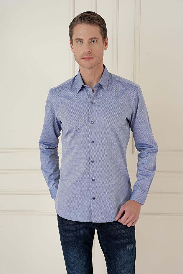 Men's Slim Fit 100% Cotton Long Sleeve Textured Classic Indigo Shirt Gk 749