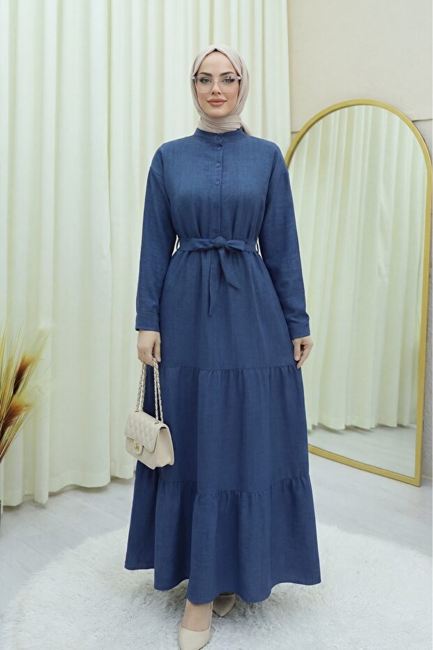 Half-Buttoned, High-Necked, Tie-Waist Linen Dress -Indigo