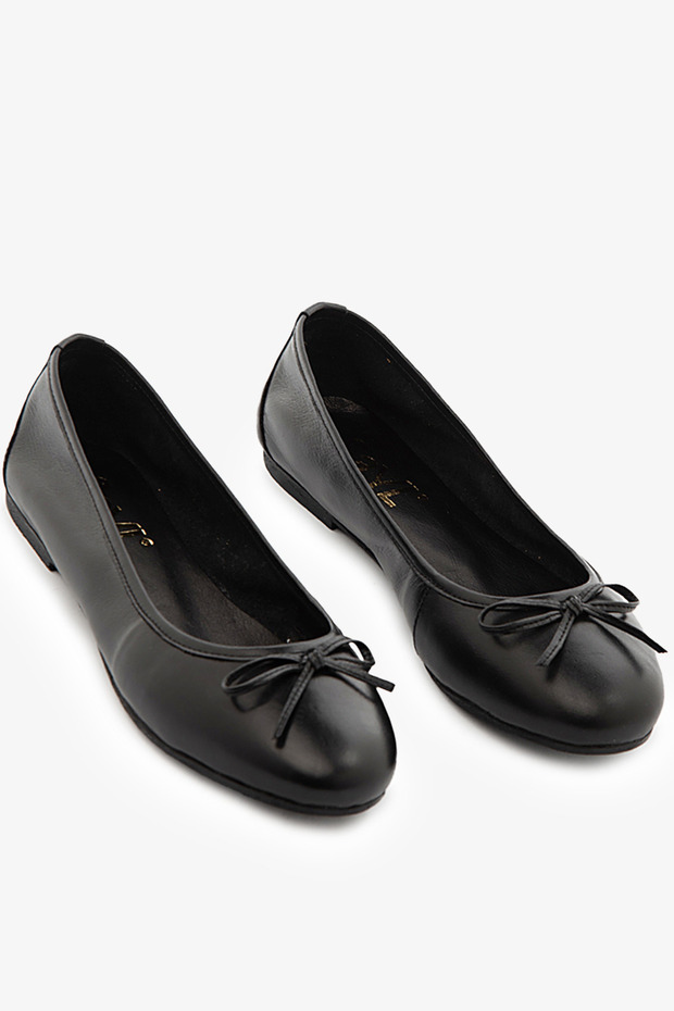 Black Genuine Leather Women's Ballerinas with Bow Detail