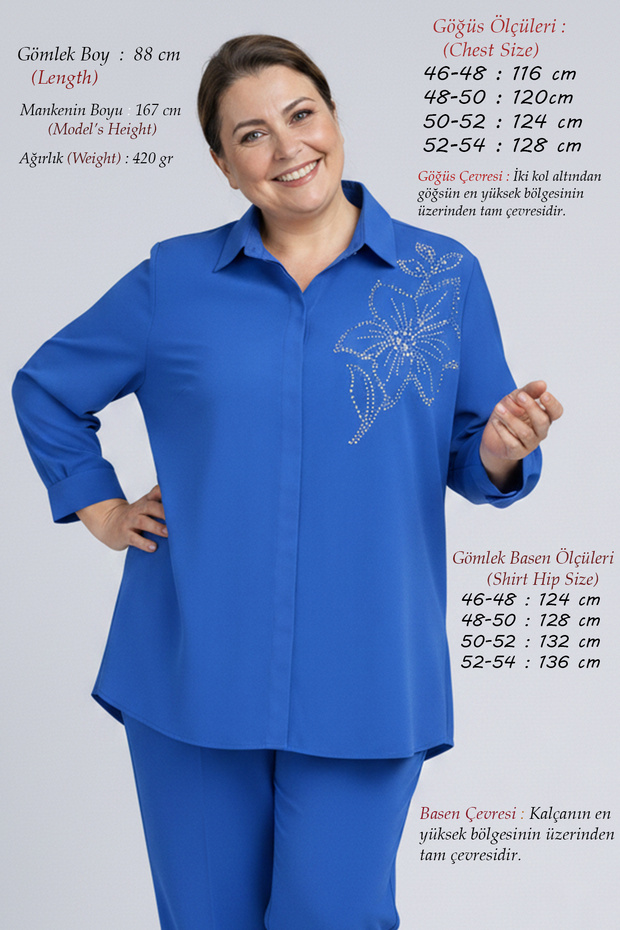 Plus Size Women's Spring Summer Feyza Crepe Fabric Pants Shirt Double Stone Mother Set
