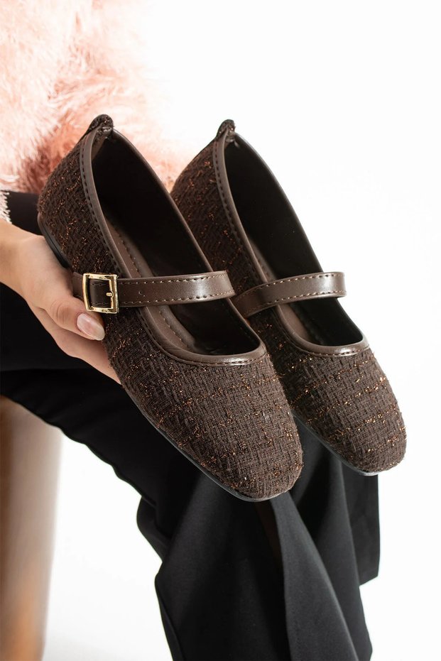 Brown tweed fabric women's ballerina shoes with stylish buckle and orthopedic sole for everyday wear