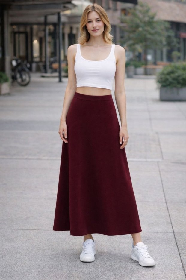 Women's Burgundy Flared Long Skirt
