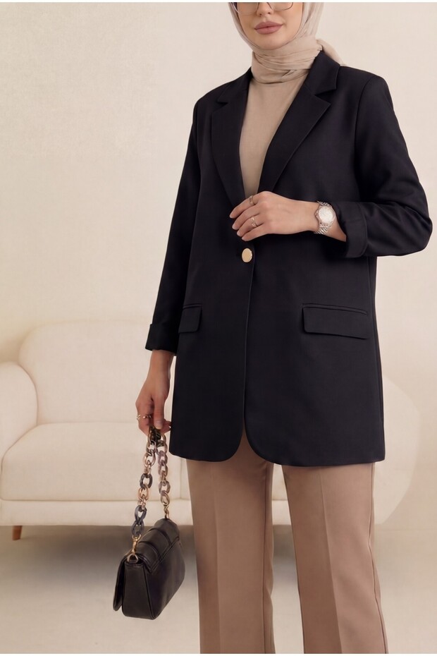 Single Button Lycra Jacket with Pockets - Black