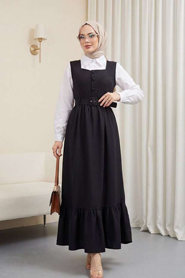 Double Suit with Buttoned Top Shirt - Black