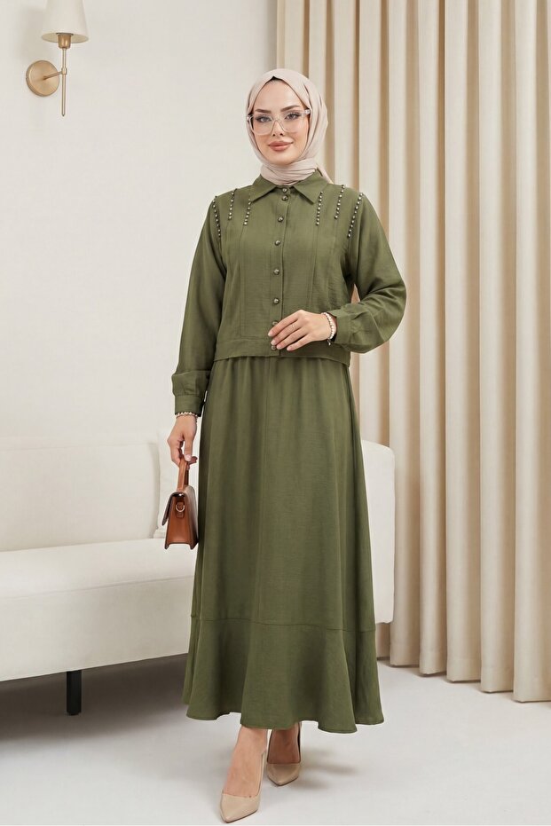 Buttoned Jacket Skirt Linen Set with Stones on the Shoulder -Khaki