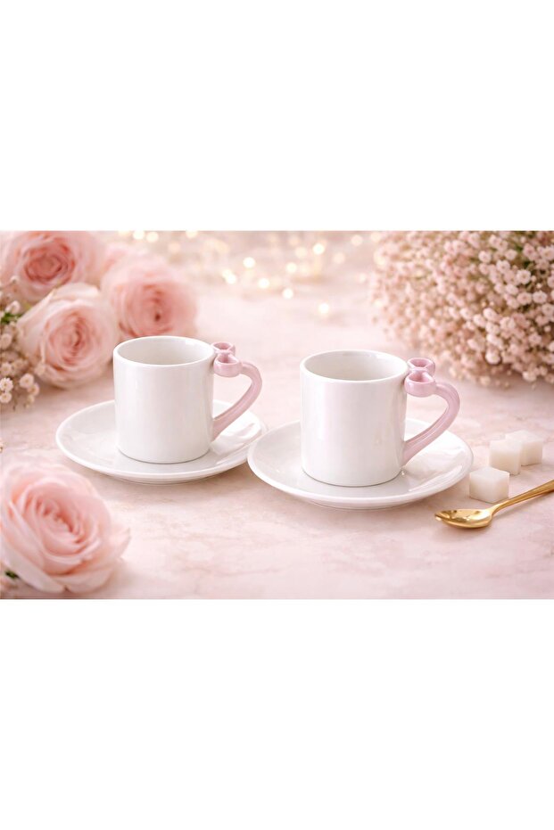 2-Person Pearlescent Bowknot Detailed Coffee Cup Set – Elegant and Modern Design