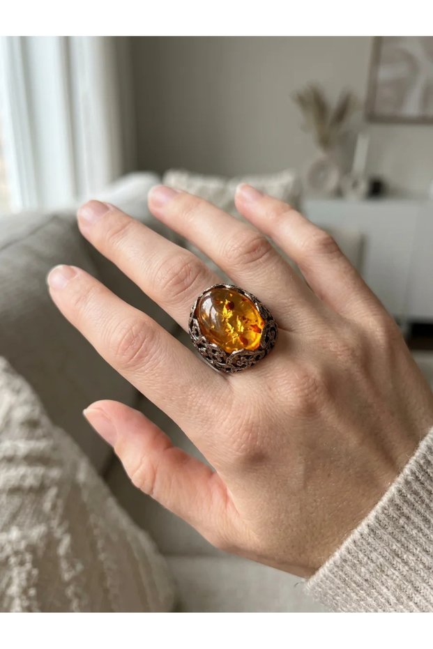 Bronze Vintage Women's Ring Authentic Jewelry Amber Look Oval Stone Lace Model Adjustable