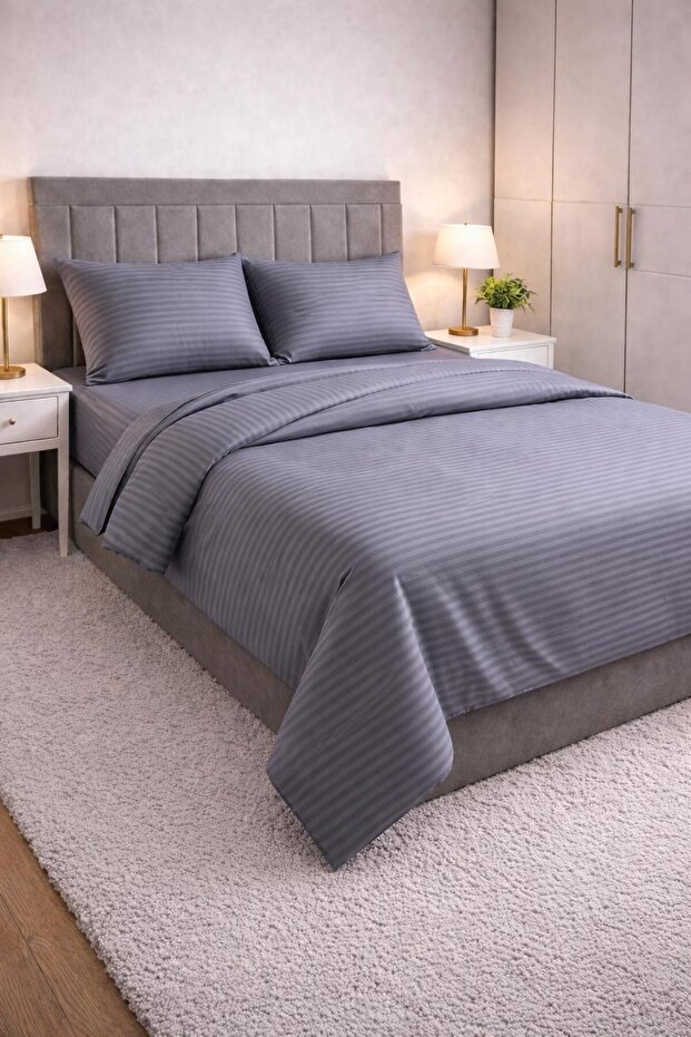 Cotton Anthracite Color Striped Satin Double Bed Sheet Set with Buttoned Waistband and Elasticated Fitted Sheet