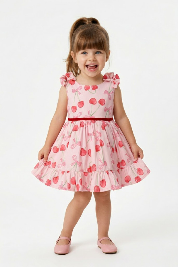 Baby Girl Birthday Party Wedding Dress Short Sleeve Strap Sleeveless Lined Cherry