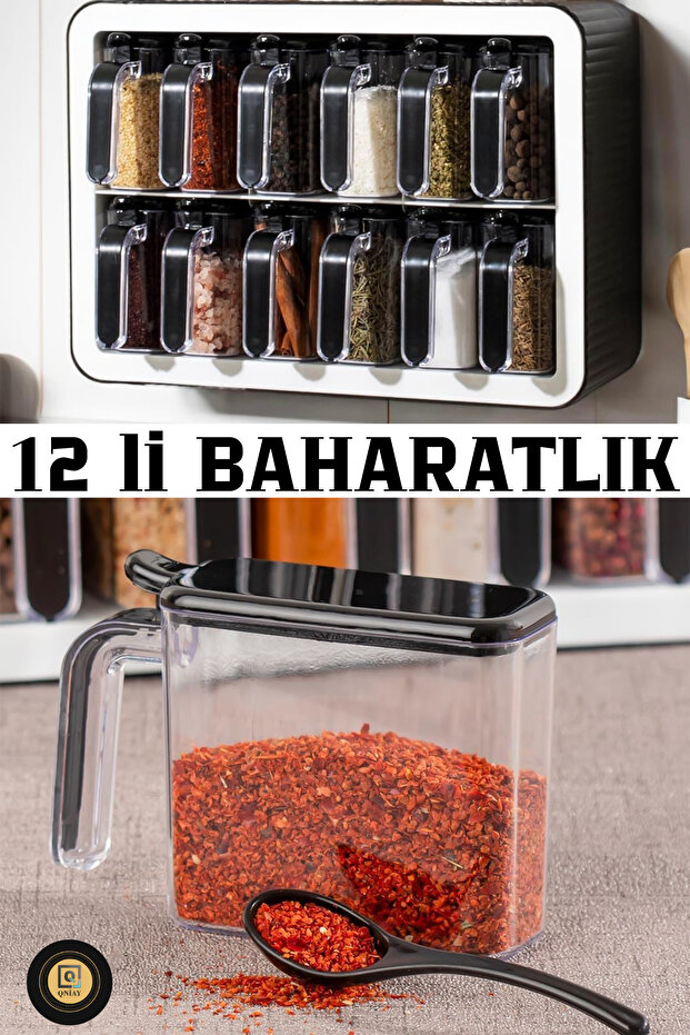 طقم توابل مكون من 12 قطعة، مع أغطية للملاعق وذاتي اللصق (أسود-أبيض)