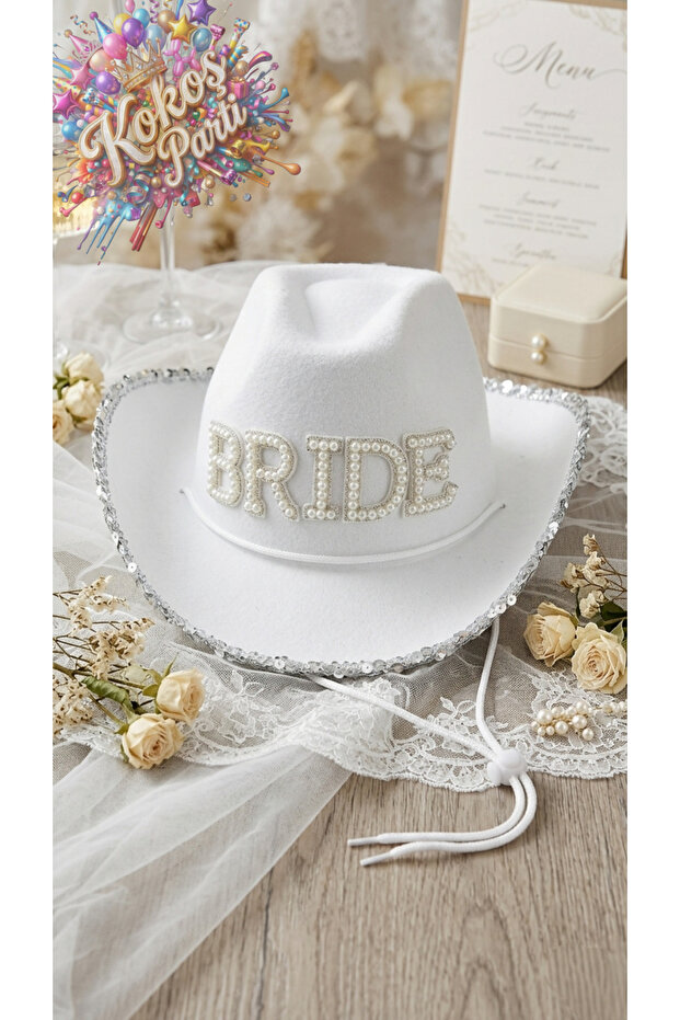 Kokoş Parti Beyaz Bride Taşlı ve İncili Lüks Kovboy Şapkası • Cowgirl Şapka • Bekarlığa Veda Gelin Şapkası