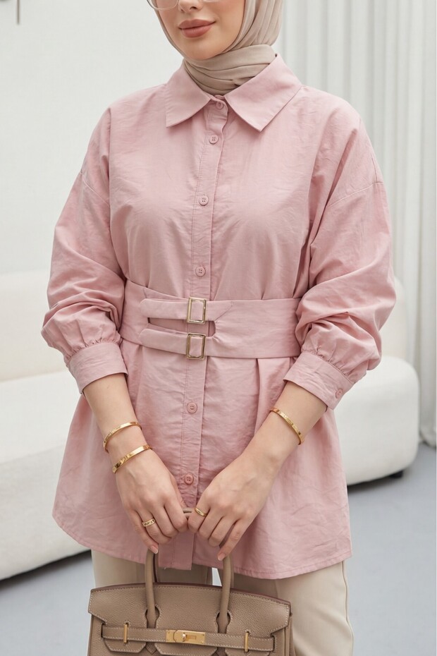 Double Buckle Elastic Belted Buttoned Front Cupra Shirt - Powder