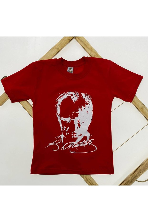 Children's Ataturk Printed Stretchy Cotton Short Sleeve T-Shirt | Black White Red | 5-16 Years Old