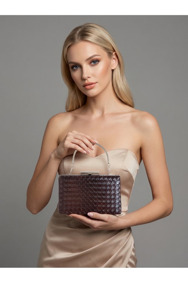 Brown Silver Detailed Hand-Woven Leather Special Series Women's Evening Dress Bag