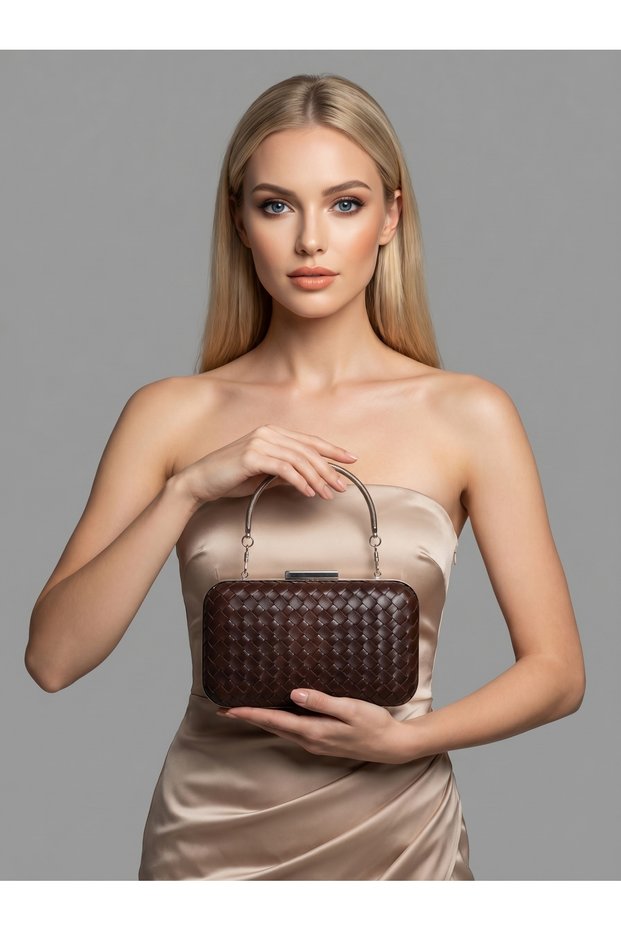 Brown Silver Detailed Hand-Woven Leather Special Series Women's Evening Dress Bag
