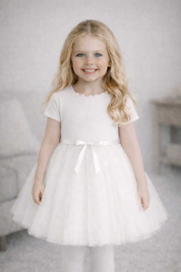 Vera Short Sleeve Girls' Princess Fluffy Tutu Dress Plain Stretchy Lycra White Tutu Dress