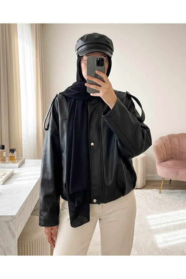 Women's Oversize Leather Jacket 1055 - Black