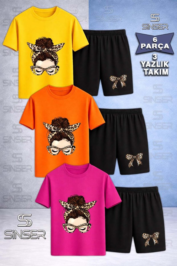 Children's Girls Head Leopard Ribbon Custom Printed Crew Neck 3-Piece T-Shirt - Shorts Set