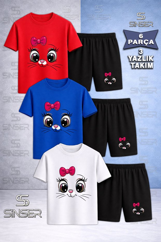 Children's Cat Eye Pink Ribbon Custom Printed Crew Neck 3-Piece T-Shirt - Shorts Set