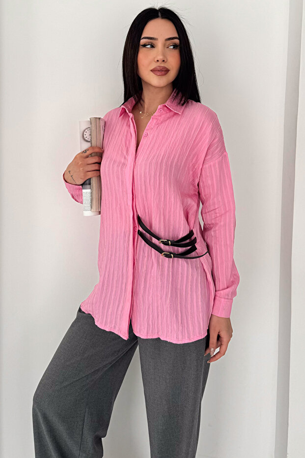 Women's Striped Belted Shirt – Loose Fit Buttoned Stylish Blouse