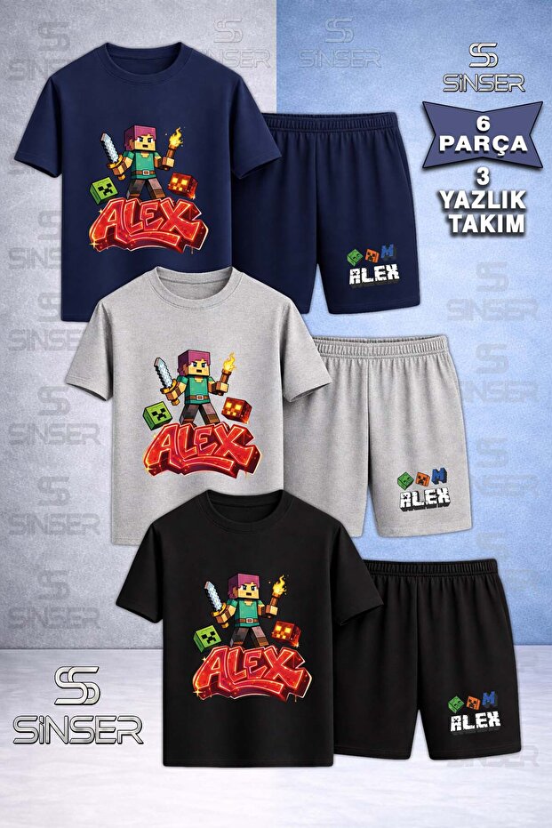 Children's Alex Alevli Mesale Special Printed Crew Neck 3-Piece T-Shirt - Shorts Set