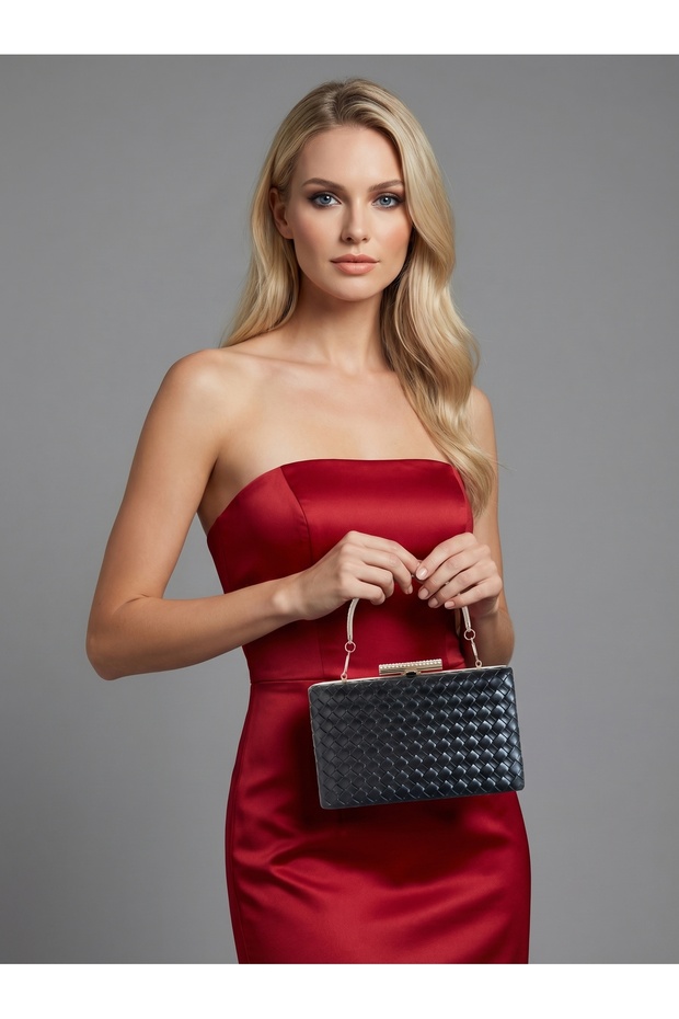 Black Color Silver Detailed Hand-Woven Leather Special Series Women's Evening Dress Bag