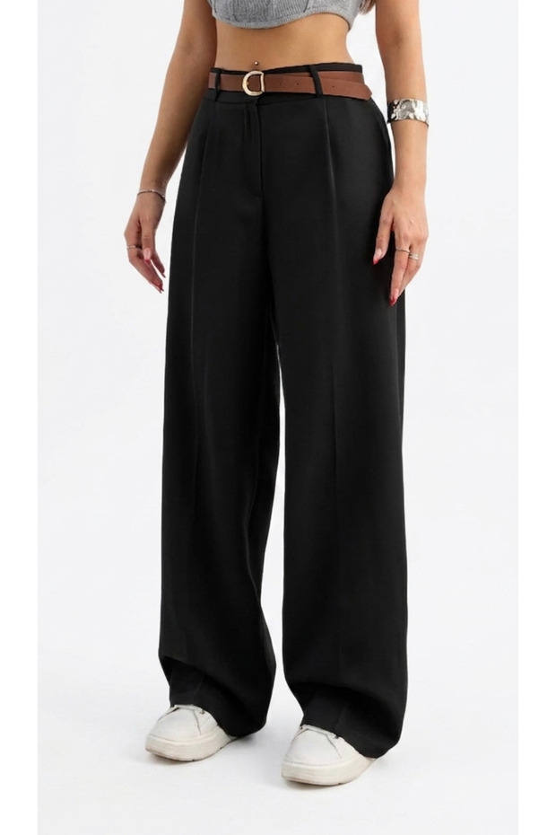 Button Closure, Elastic Waist at Back, Pleated, Comfortable Summer Palazzo Wide Leg Fabric Trousers, New Season