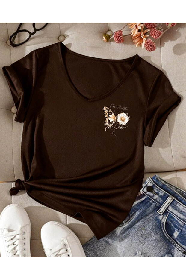 Butterfly Flower Printed V-Neck Short Sleeve Regular Women's Tshirt