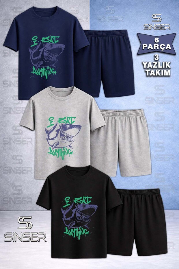 Children's Shark Purple Green Custom Printed Crew Neck 3-Piece T-Shirt - Shorts Set