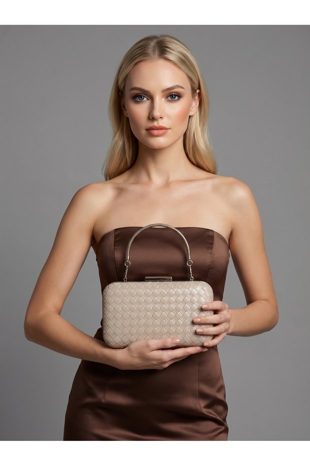 Beige Color Silver Detailed Hand-Woven Leather Special Series Women's Evening Dress Bag
