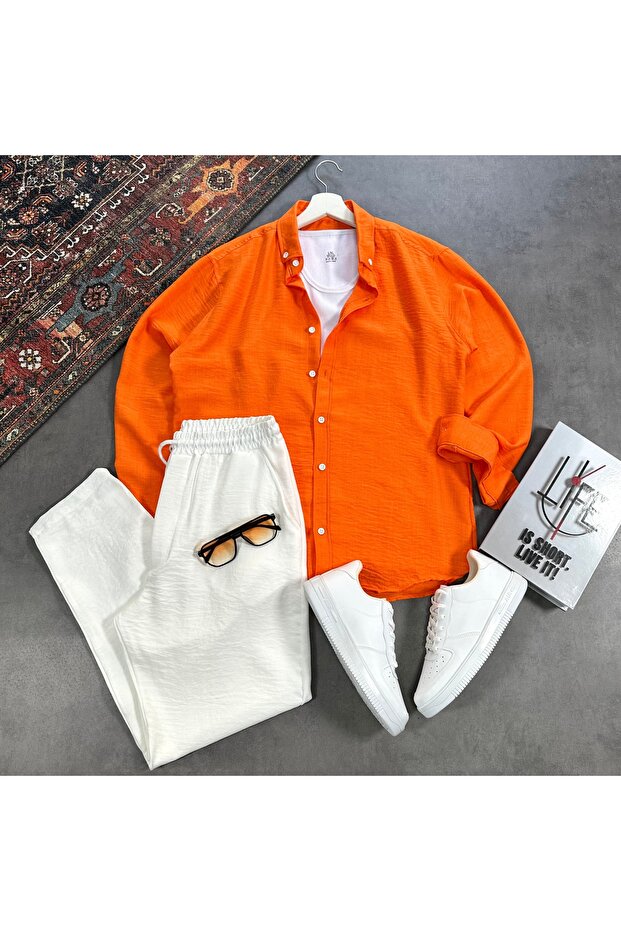 Men's Linen Textured Shirt and Pants Set 2-Piece