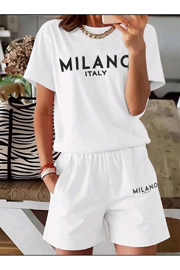 Milano Printed Oversize Top-Bottom Set Black Bartik Shorts T-Shirt