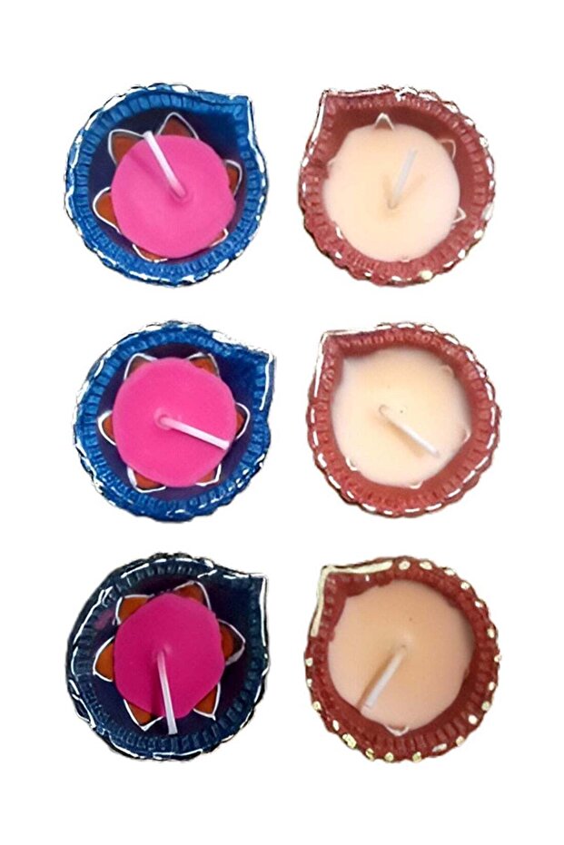 Pre-Filled Wax Clay Diyas (6-Pc Set) - Traditional Decorative Lights for Diwali & Puja