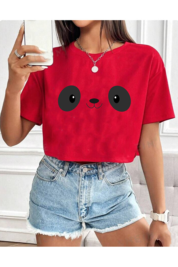 Panda Eye Printed Loose Short Sleeve Crew Neck Women's Crop Tshirt
