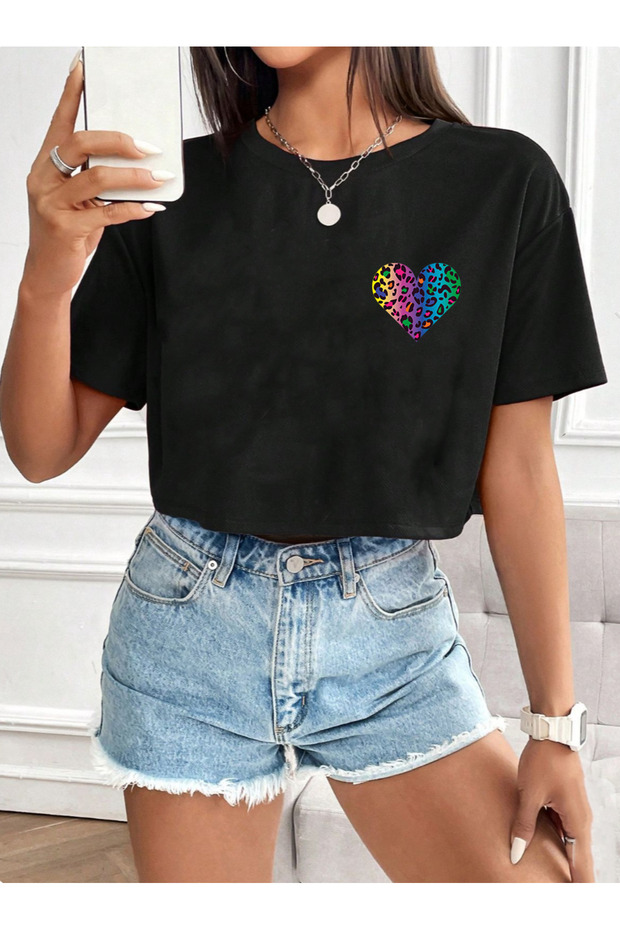 Leopard Colorful Heart Printed Loose Short Sleeve Crew Neck Women's Crop Tshirt