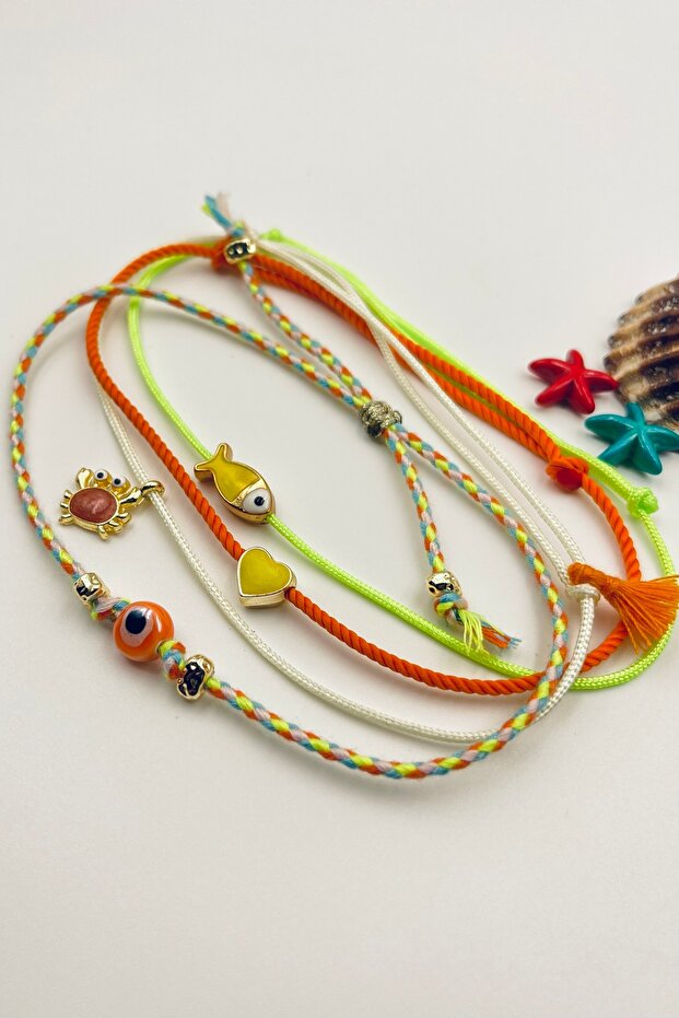 4 Pieces Bohemian Style Fish Crab Heart Evil Eye Tassel Figured Orange Green Anklet Set