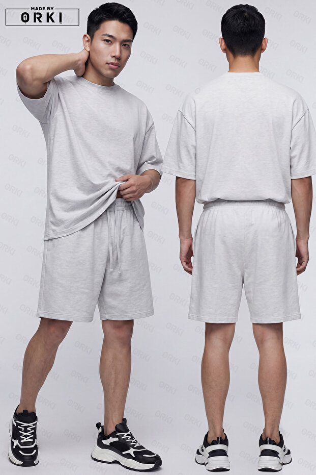 Men's Oversize Basic Unisex T-Shirt Shorts Set Gray Melange Summer Comfortable Fit