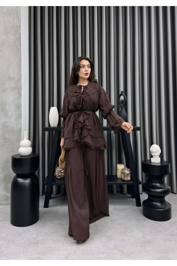 Voile Fabric Tie-Dye Detailed Casual Set - Lined, Belted at the Waist, Oversized Stylish Women's Outfit