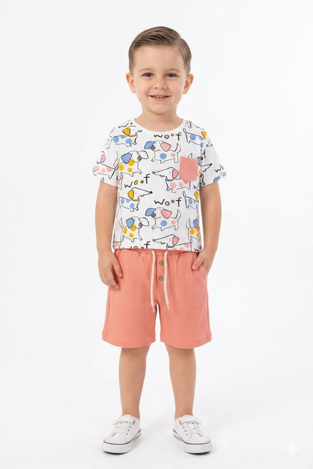 Baby Girl & Boy Top and Bottom Set Animal Patterned Tshirt Pocket Shorts Color - Peach