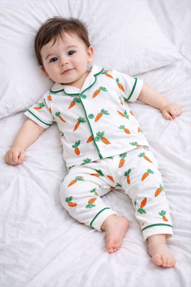 100% Cotton Short Sleeve Buttoned Summer Carrot Patterned Boys Girls Unisex Baby Kids Pajama Set
