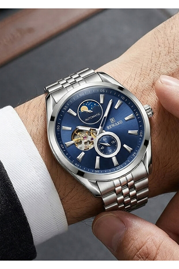 Men's Navy Blue Dial Silver Metal Band Automatic Mechanical Wrist Watch 2 Year Warranty