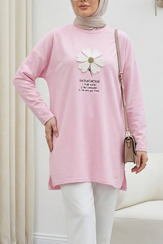 Floral Embroidered Crew Neck Combed Cotton Tunic - Pink