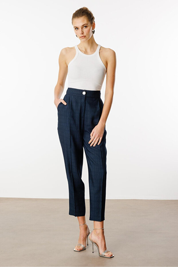 Navy Blue High Waist Carrot Leg Pants - Casual & Stylish & Comfortable
