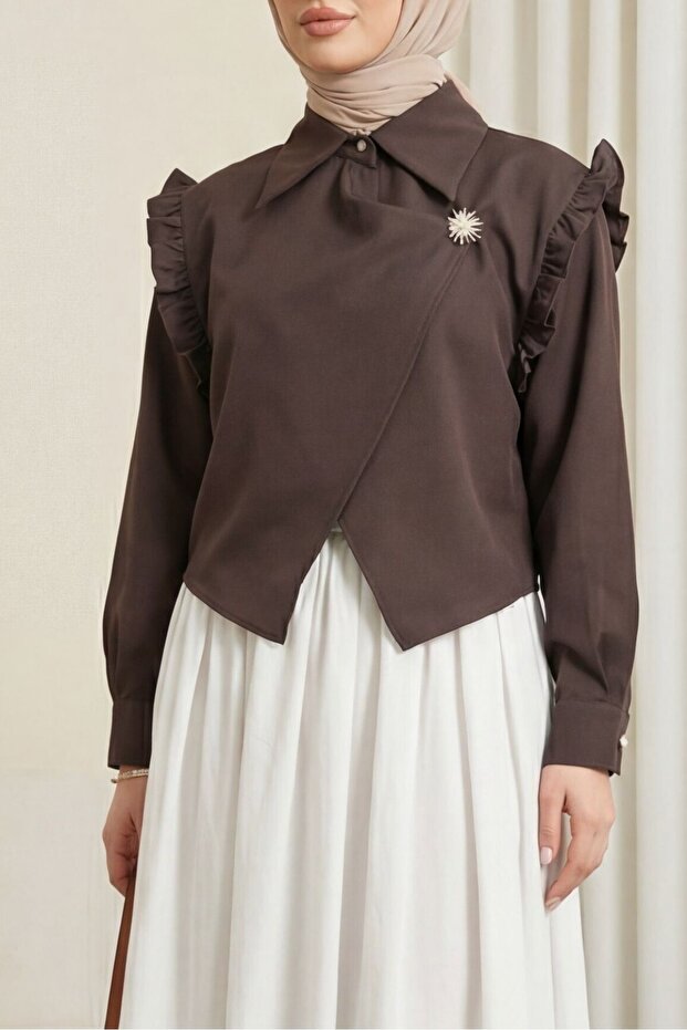 Ruffled Shoulder, Criss-Cross Front, Double-Layered Crepe Blouse with Brooch Detail - Coffee Color