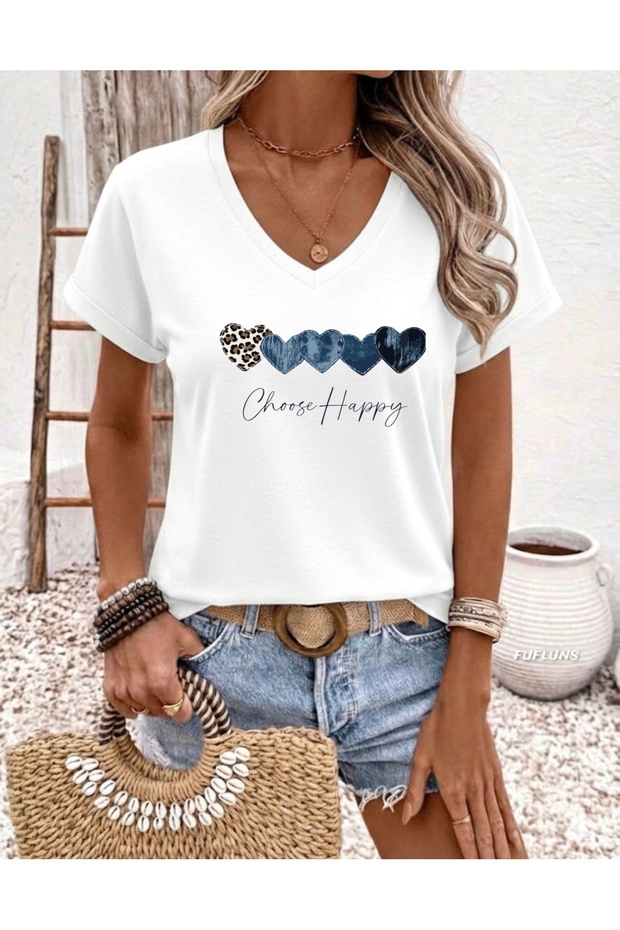 Choose Happy Denim Printed Women's Oversize V-Neck T-Shirt