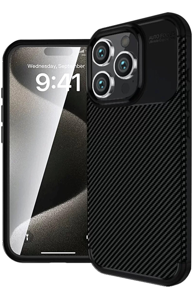 حافظة Newface لهاتف iPhone 16 Pro Max ذات غطاء كربوني بتركيز تلقائي - أسود