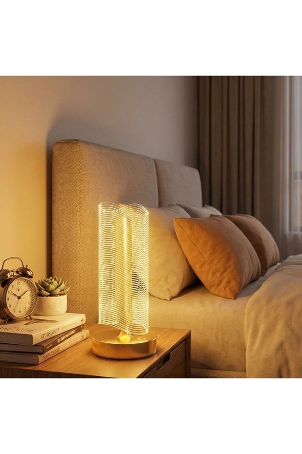 ®   Wavy Cylindrical Crystal Striped Model Led Table Lamp – Gold Base, Touch-Sensitive, 3 R