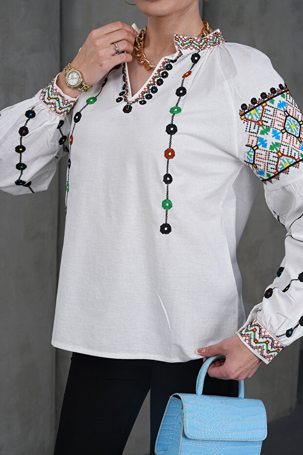 Buttoned Collar Embroidered Cotton Blouse - 5